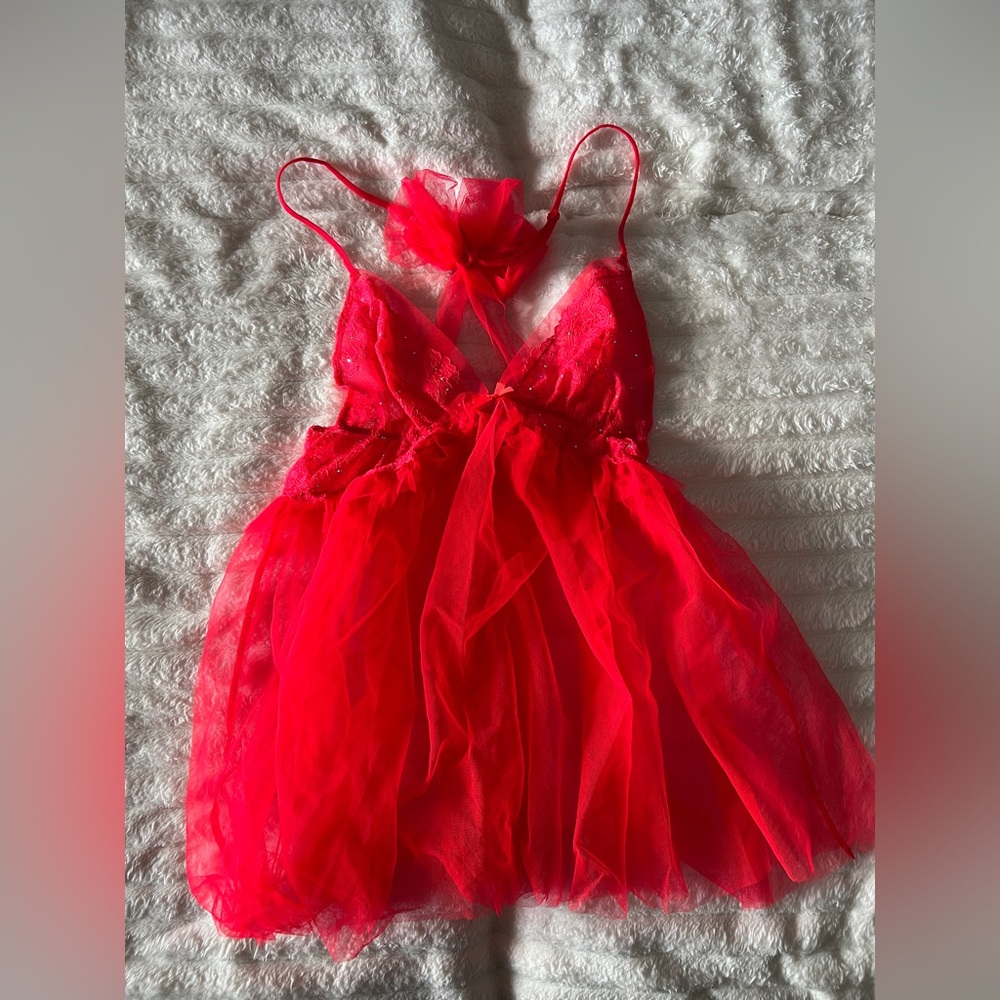 Victoria's Secret Vibrant Hot neon pink Lace Lingerie babydoll rhinestones L
